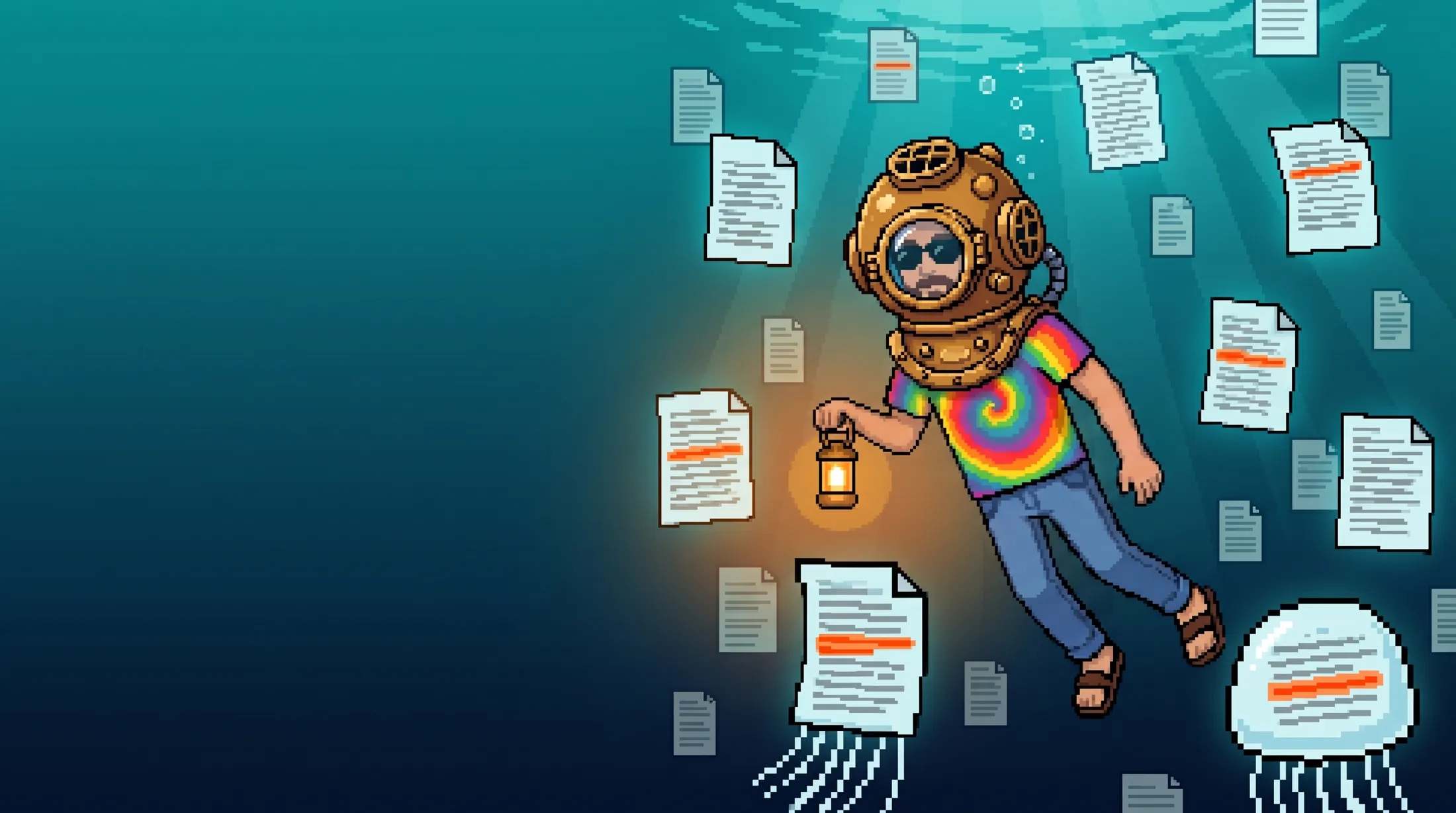 The pixel-art mascot in a brass diving helmet swimming down through drifting transcript pages, holding a lantern.
