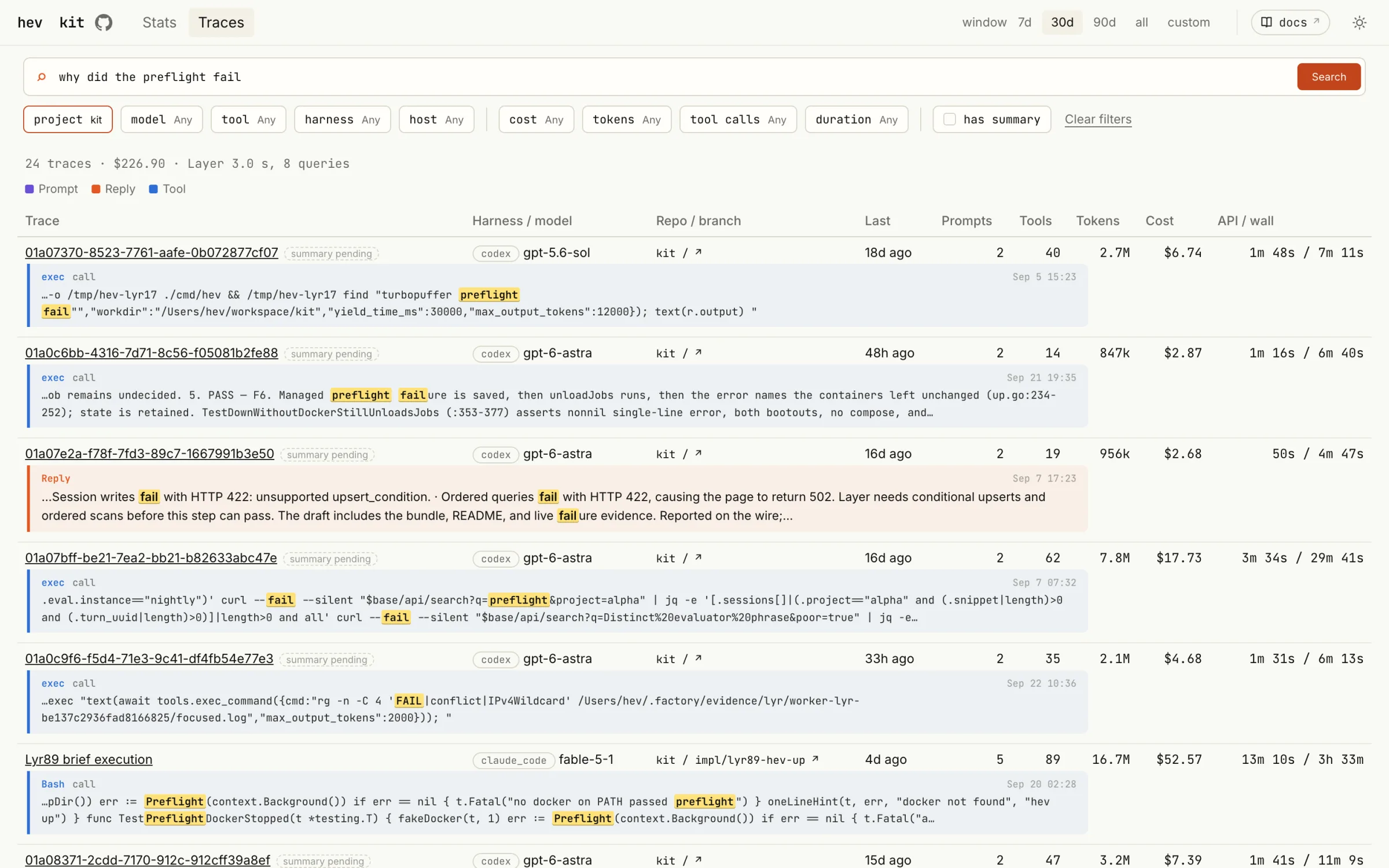 The hev kit dashboard: a search across coding-agent sessions, with matching prompts, replies and tool calls highlighted under each session.