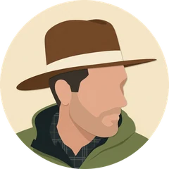 Adam Hevenor, drawn in a brown hat and olive jacket