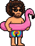 hev's 8-bit mascot in tie-dye trunks, snorkel on, holding a pink flamingo float